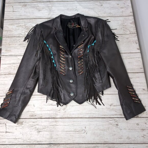 Red Clay People Jackets & Blazers - Vintage Red Clay People Black Leather Fringe and Bead Jacket Size Medium